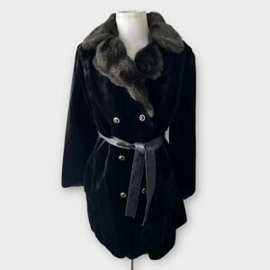 Vintage 70s Black Faux Fur Double Breasted Coat Belted Women's Small Retro Glam